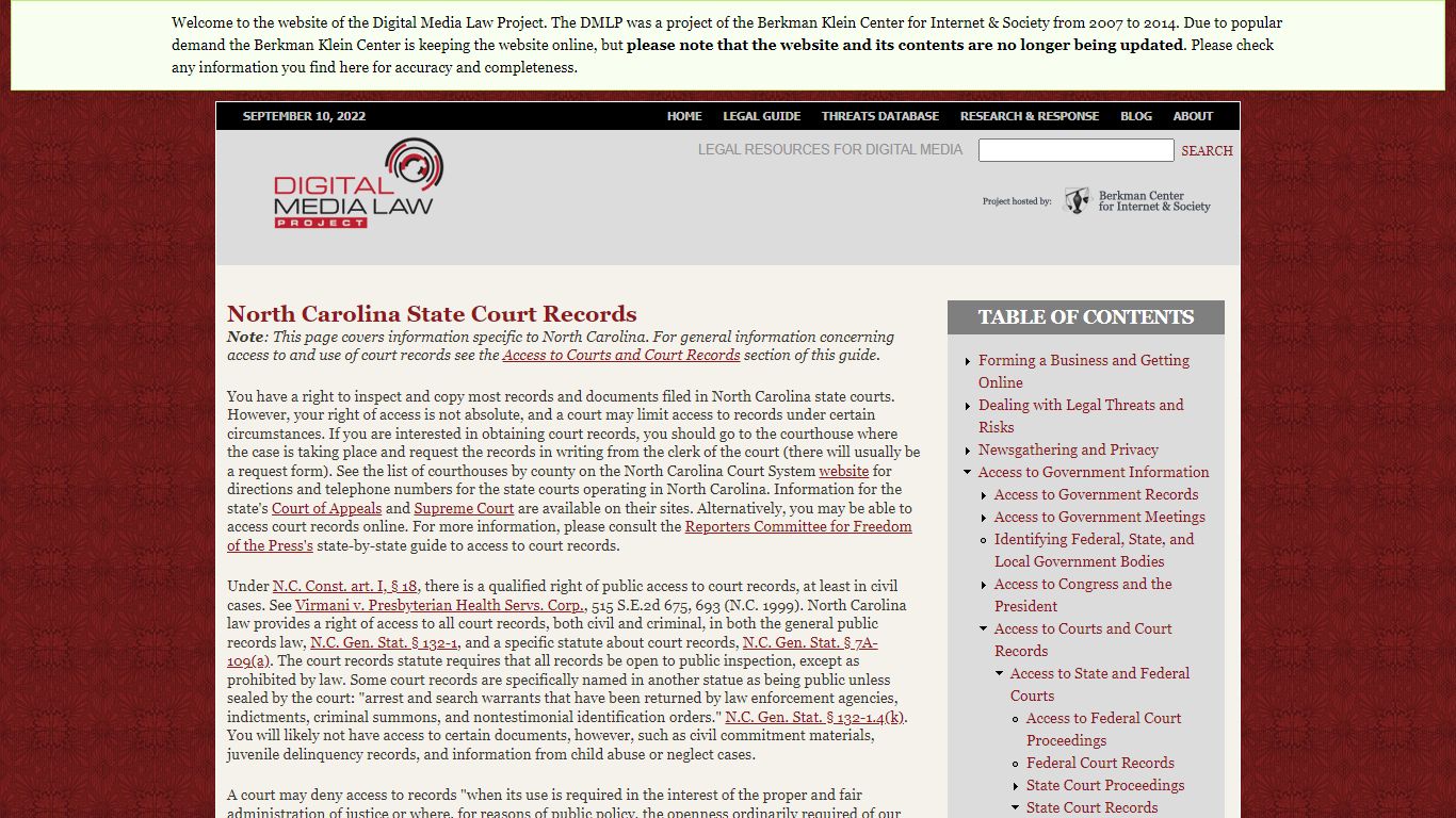 North Carolina State Court Records | Digital Media Law Project - DMLP